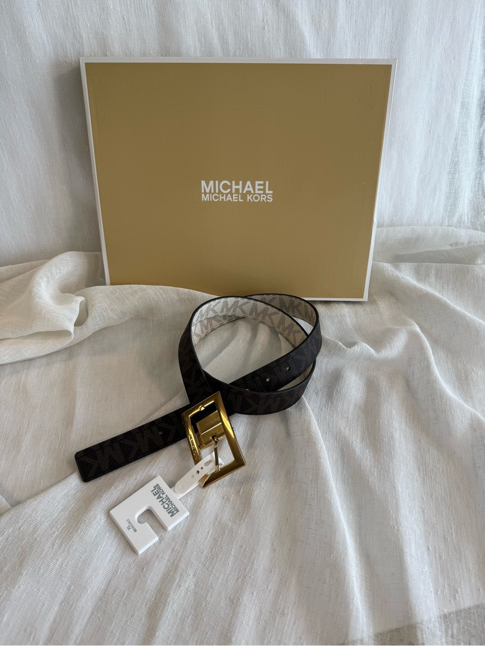 Michael Kors Dark Brown MK Signature Belt with Gold Buckle